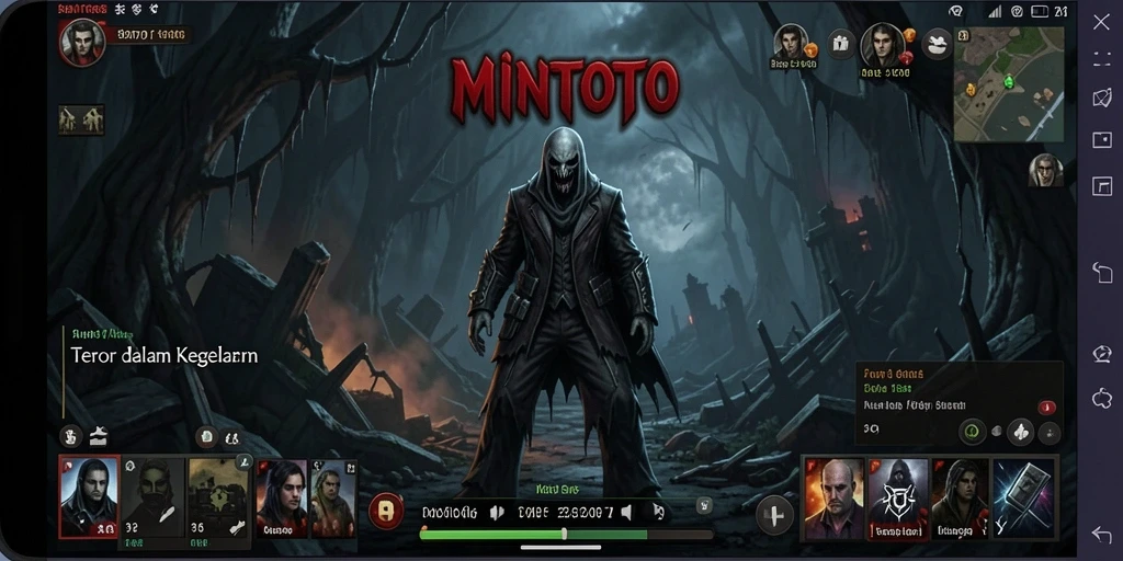 Screenshot gameplay MINTOTO menampilkan suasana horor yang mencekam.