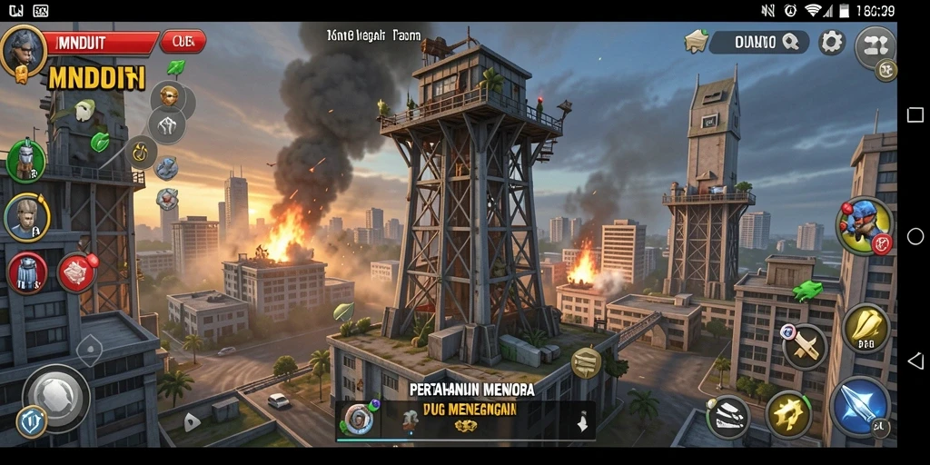 Screenshot gameplay MNDUIT yang menunjukkan menara dan musuh yang mendekat.