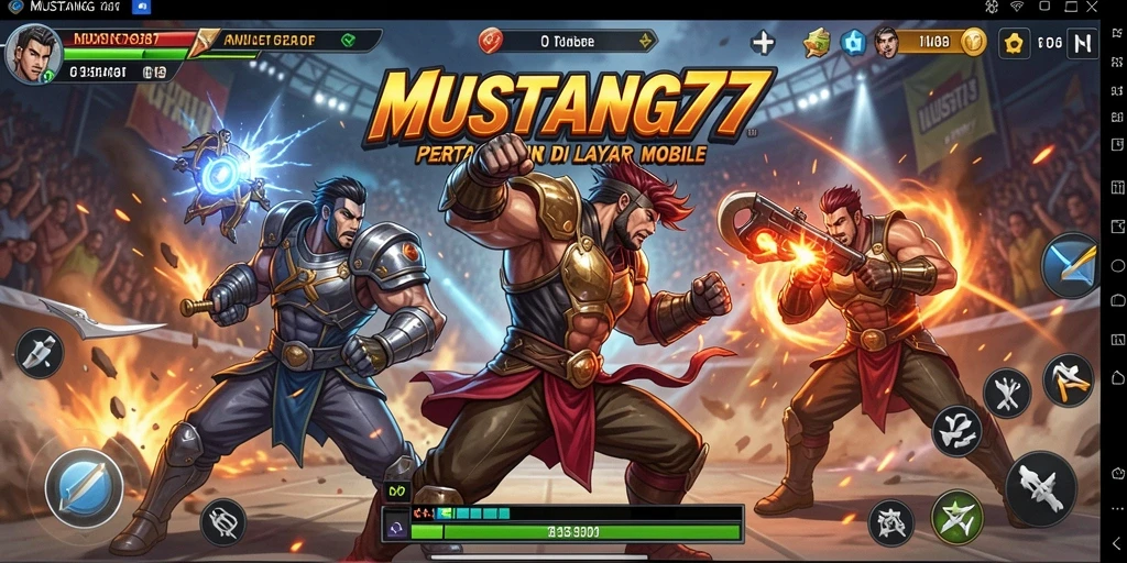 Tampilan seru dari gameplay Fighting MUSTANG77 dengan pertarungan intens.