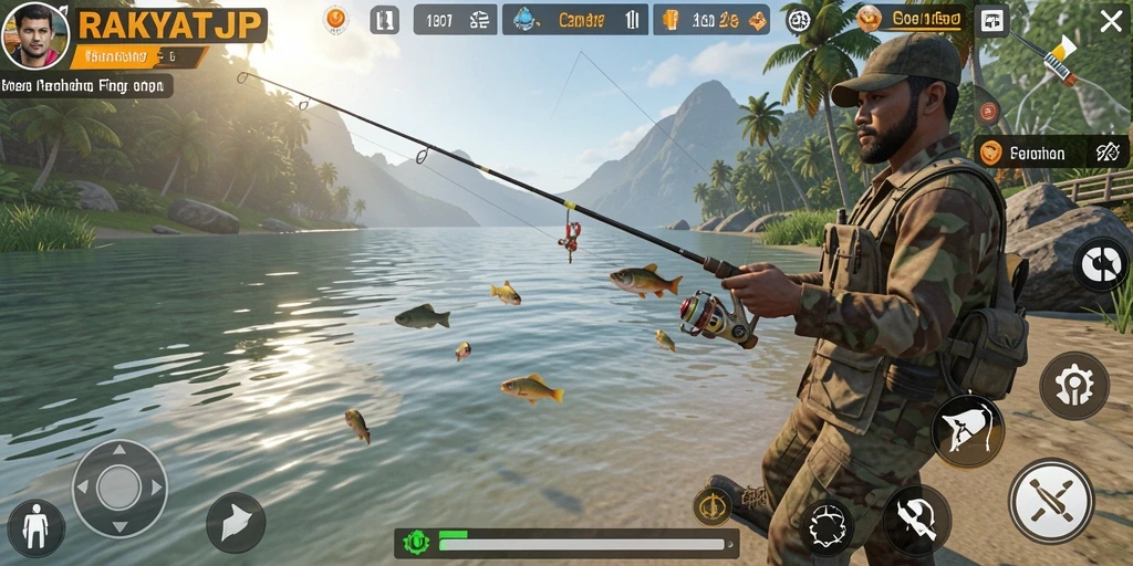 Tampilan gameplay RAKYATJP dengan ikan yang berwarna-warni dan lokasi memancing menarik.