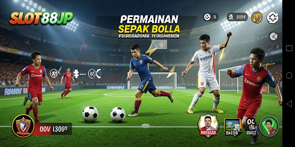 Tampilan gameplay SLOT88JP yang mendebarkan dengan aksi sepak bola seru.